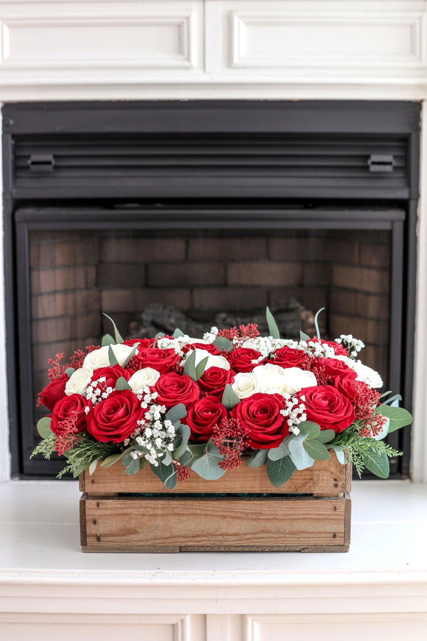 Flower Box Arrangement - 25 Valentine's Day Fireplace Decor Ideas