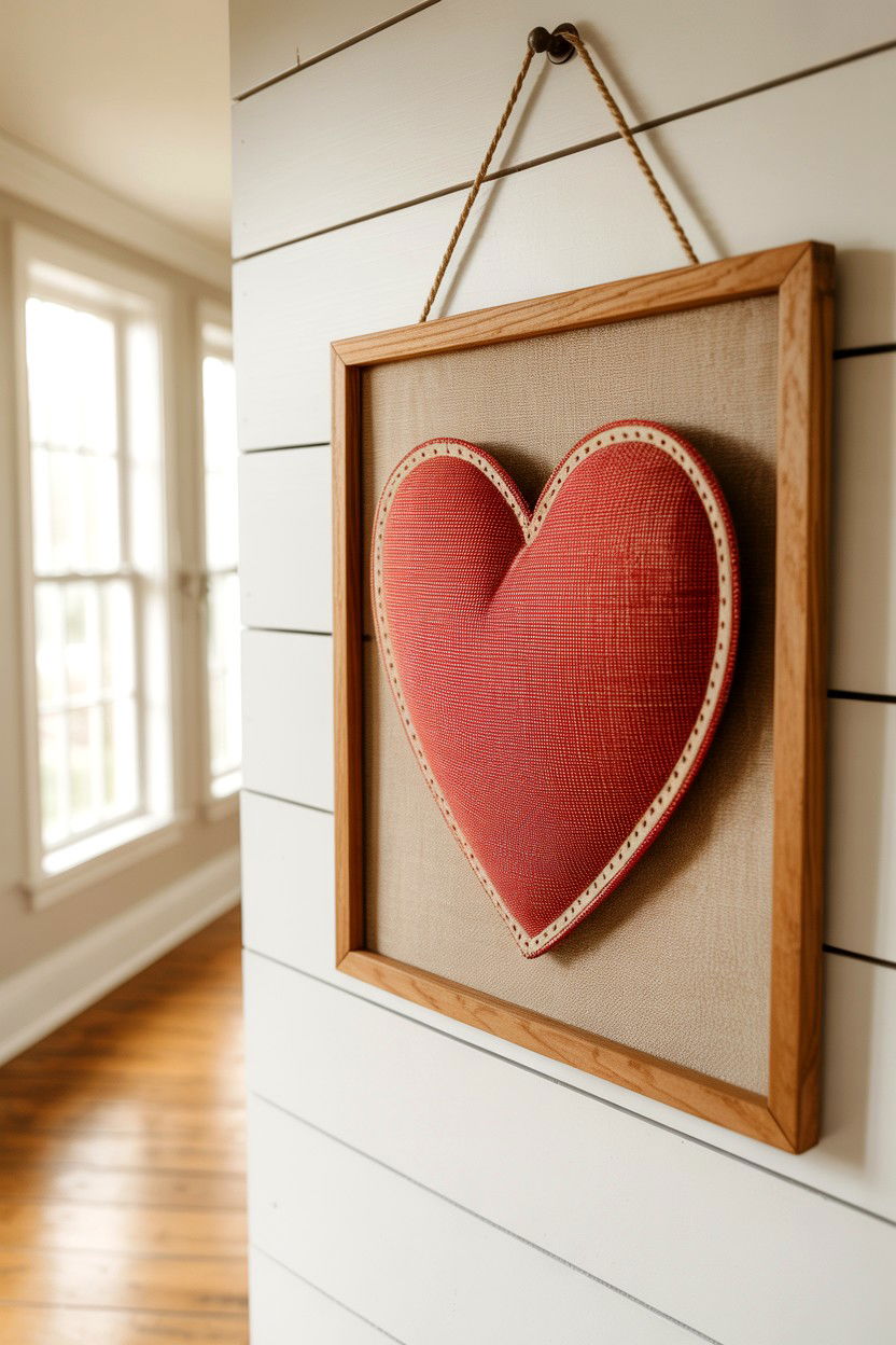 Framed fabric heart sign - 25 Farmhouse Valentine's Day Sign Ideas