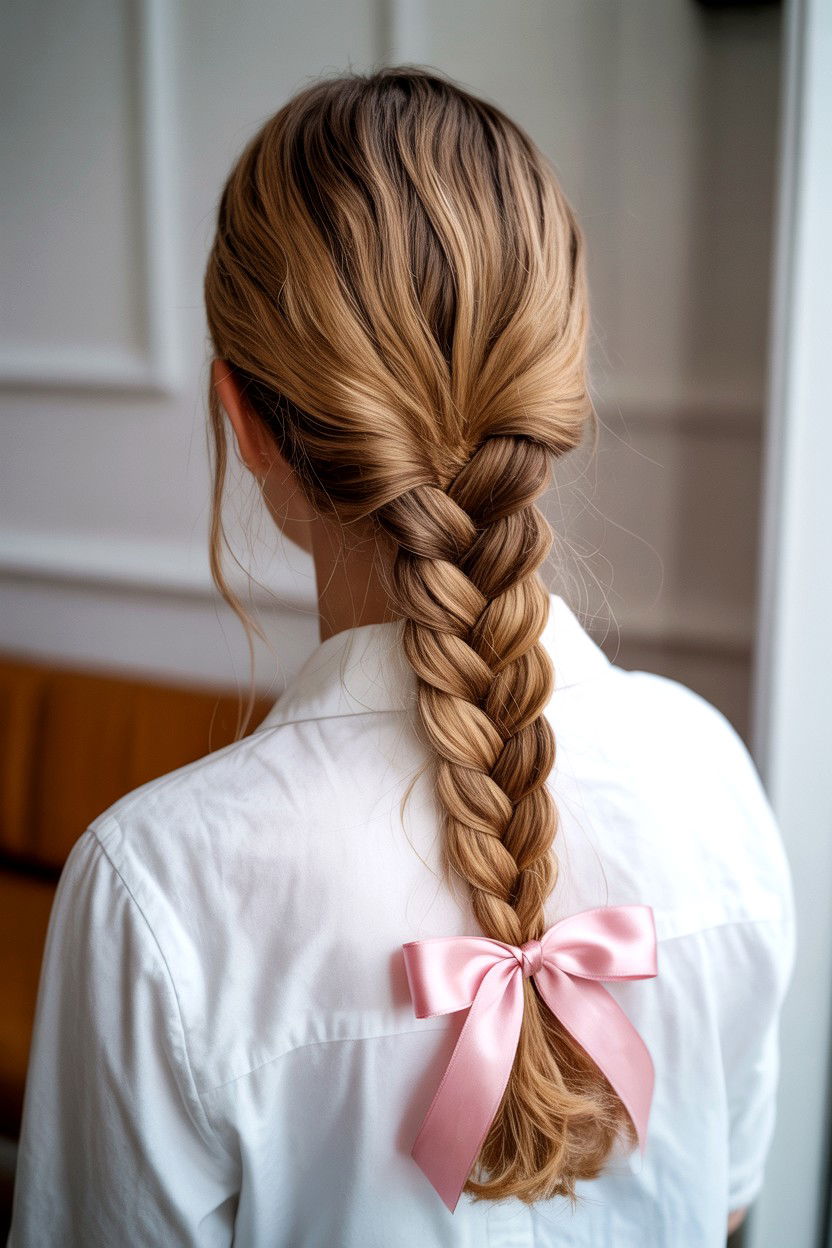 French Braid Ribbon Weave - 25 Valentine's Day Bow Hairstyle Ideas