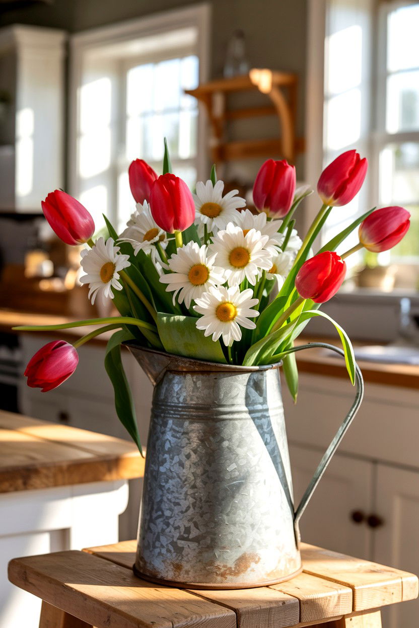Galvanized Metal Floral Pitcher - 25 Farmhouse Valentine's Day Table Ideas
