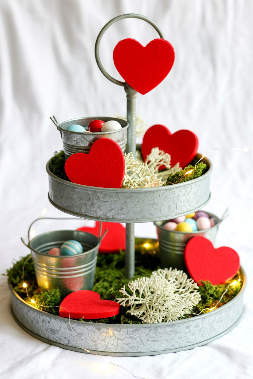 Galvanized Metal Tiered Tray - 25 Rustic Valentine's Day Tiered Tray Ideas