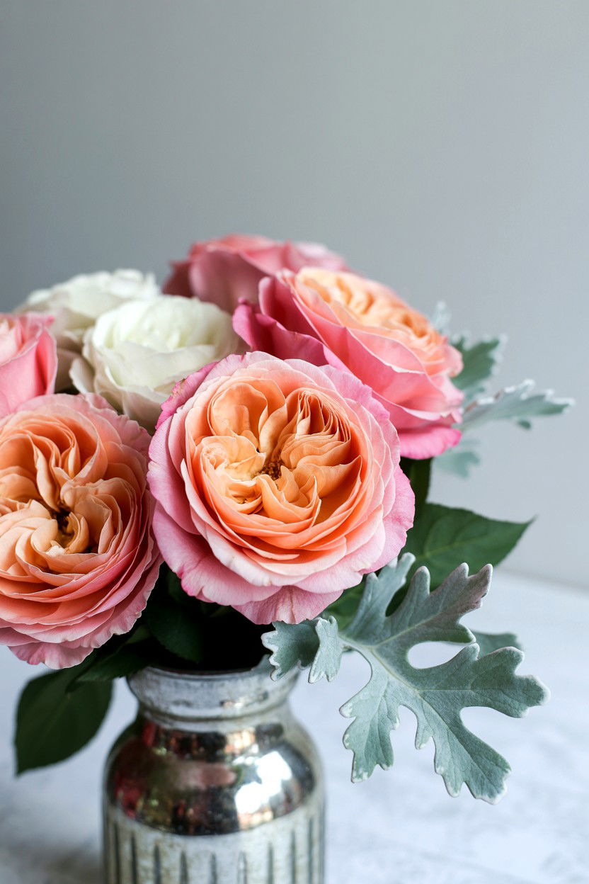 Garden Rose And Dusty Miller Arrangement - 25 Valentine's Day Mixed Bouquet Ideas