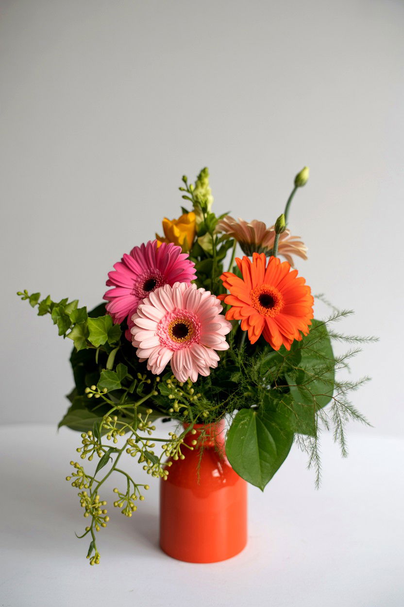 Gerbera Daisy And Mixed Greenery Arrangement - 25 Valentine's Day Mixed Bouquet Ideas