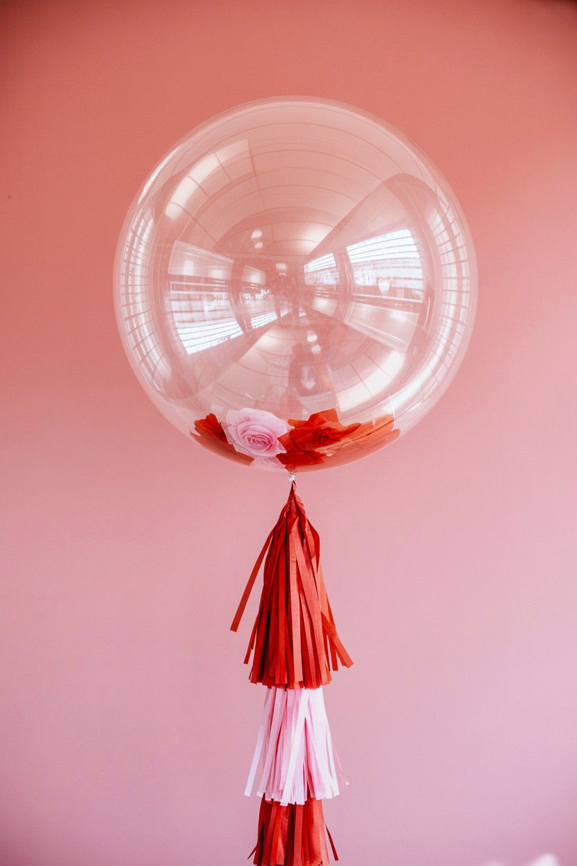 Giant clear balloon with tassel tail - 25 Valentine's Day Clear Balloon Ideas