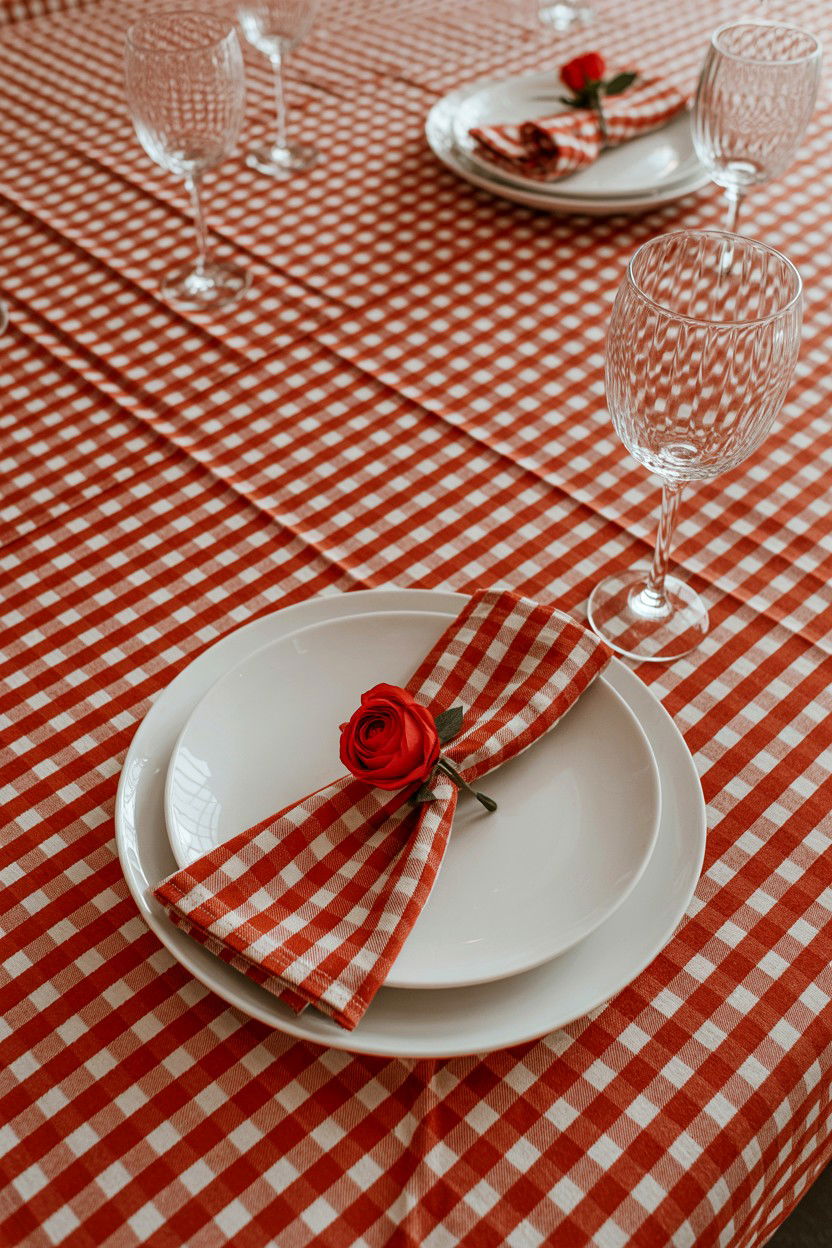 Gingham pattern table setting - 25 Valentine's Day Place Setting Ideas