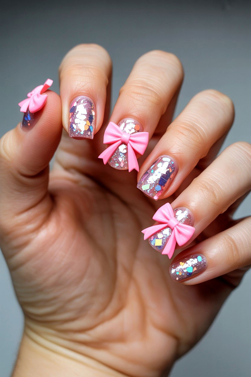 Glitter Bow Nails - 25 Bow Valentine's Day Nail Ideas