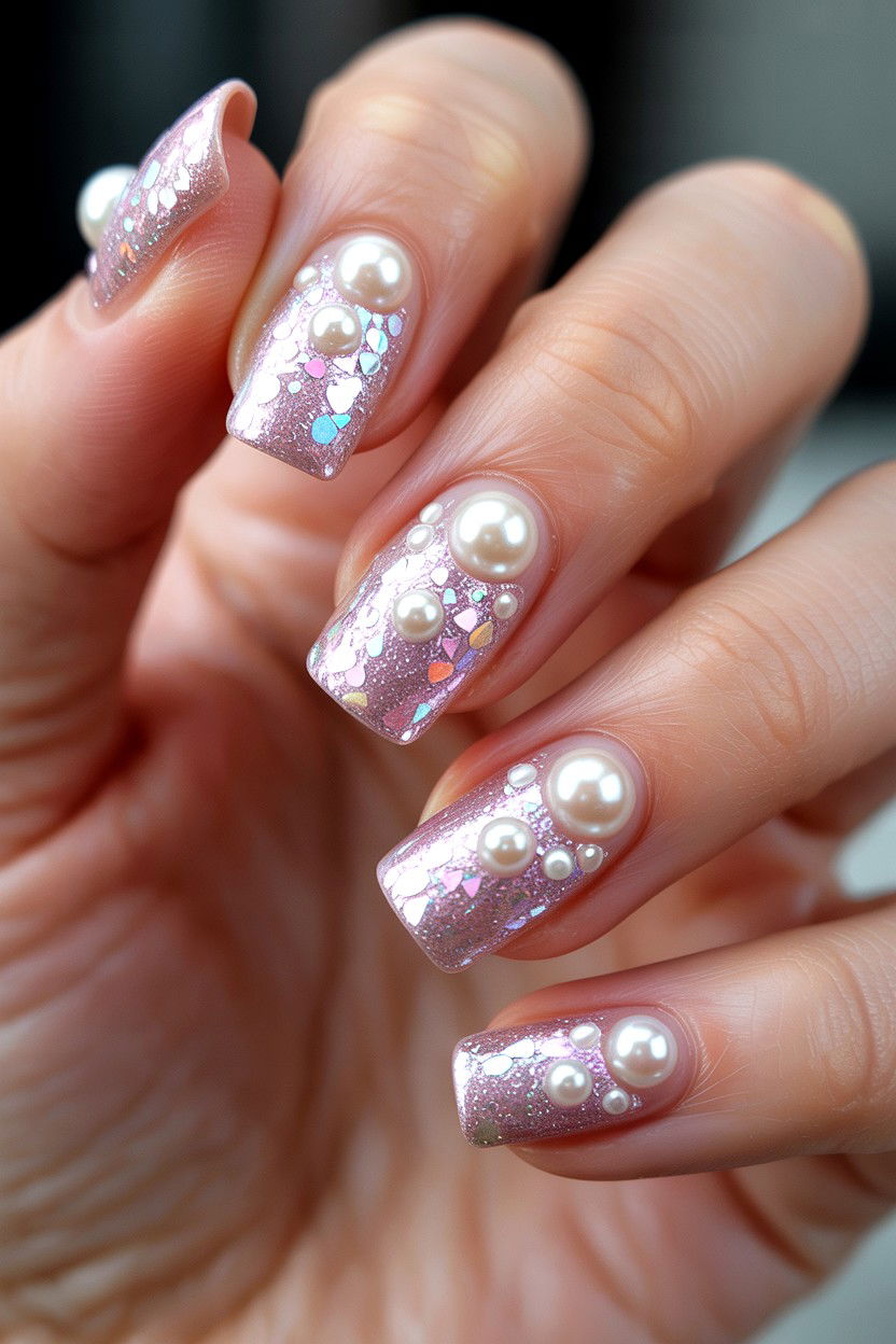 Glitter Pearl Valentine Nails - 25 Pearl Valentine's Day Nail Ideas