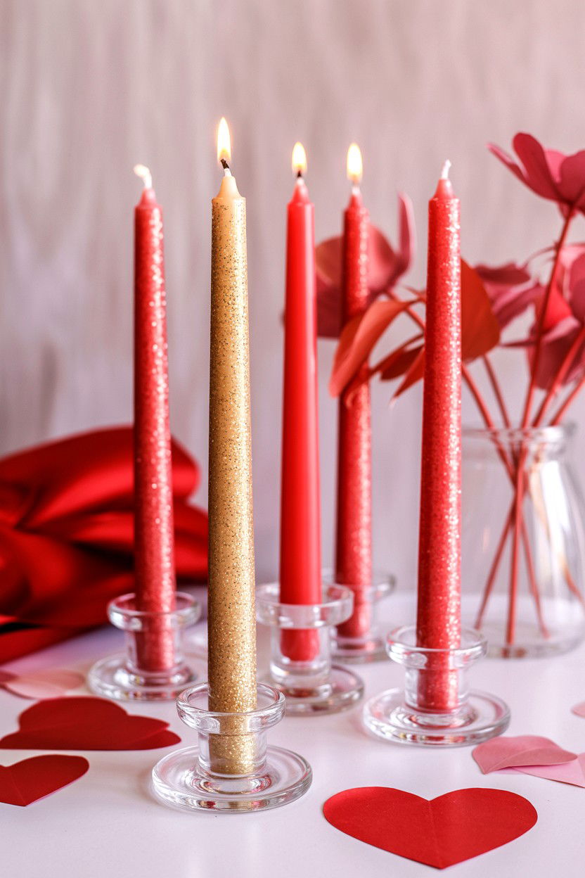 Glitter Taper Candles For Valentine Decor - 25 Valentine's Day Taper Candle Ideas