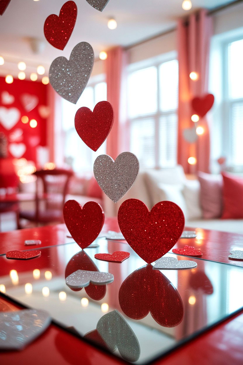 Glitter heart mirror accents - 25 Valentine's Day Mirror Decor Ideas