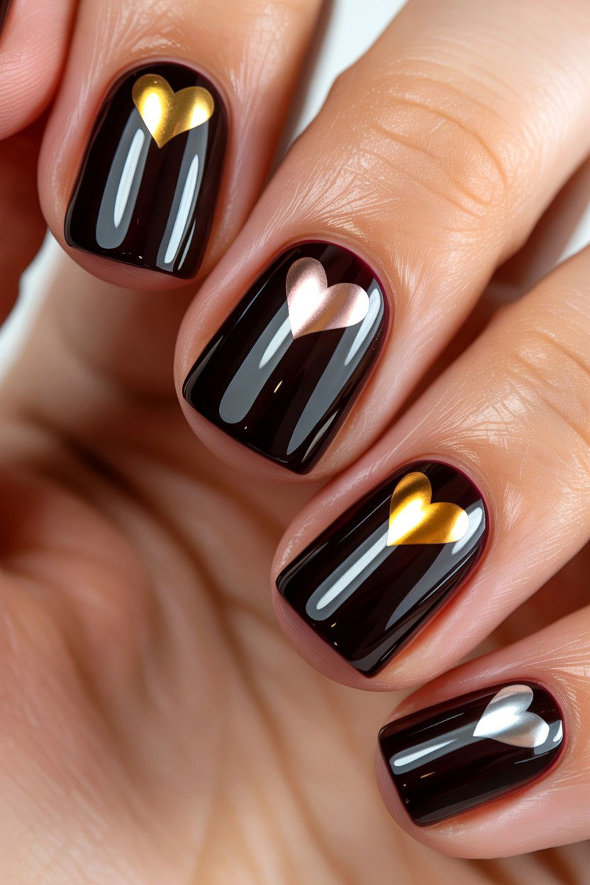 Glossy Black Heart Nails - 25 Glossy Valentine's Day Nail Ideas