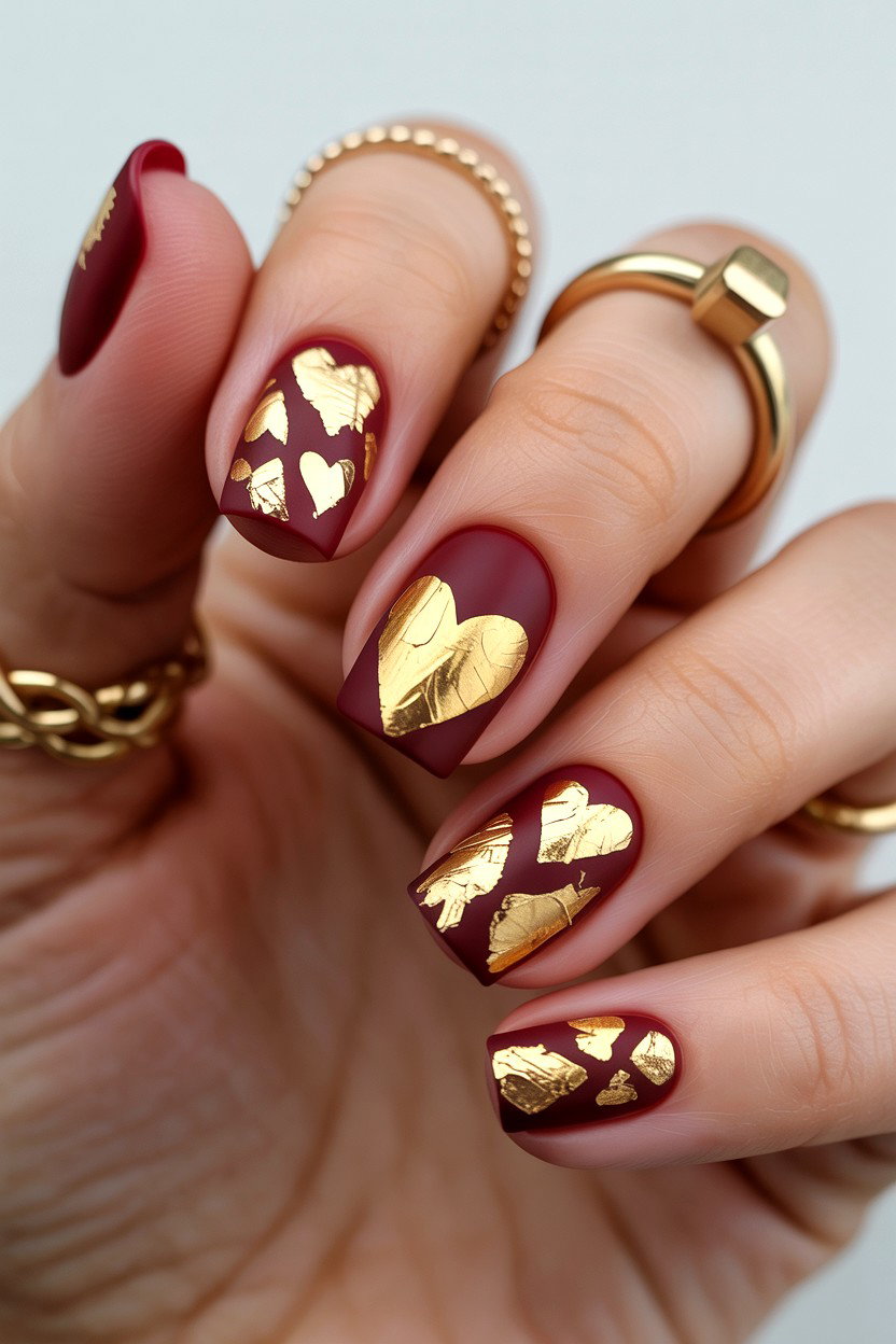 Gold Foil Heart Nails - 25 Heart Nail Design Ideas