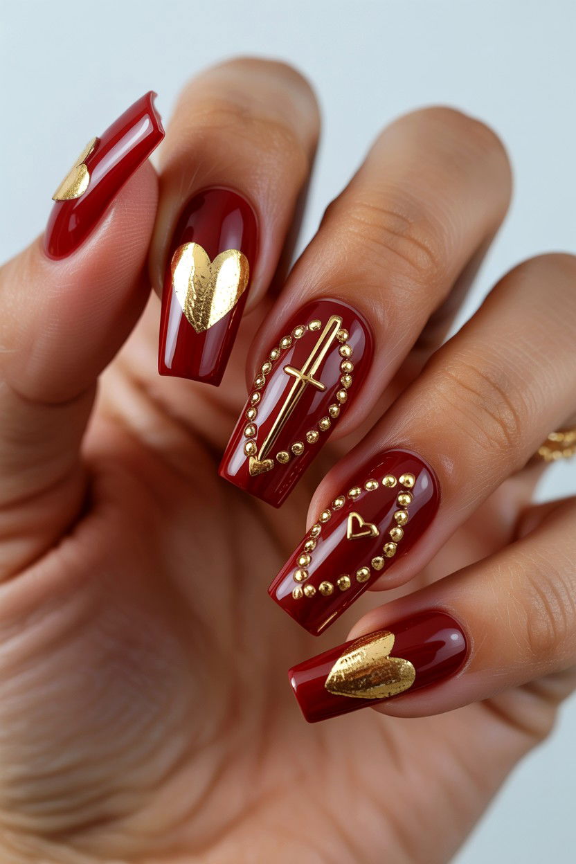 Gold Heart Coffin - 25 Valentine's Day Coffin Nail Ideas