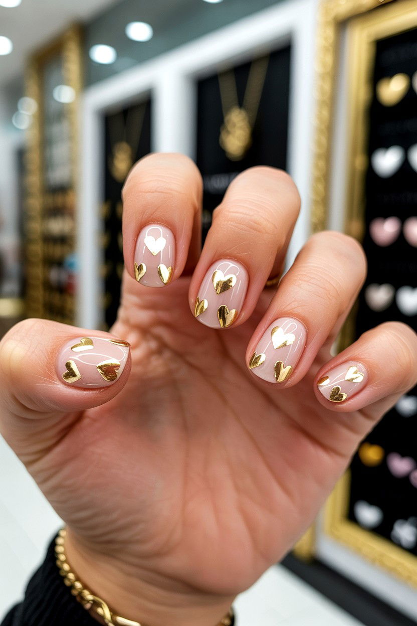 Gold Heart Nails - 25 Short Valentine's Day Nail Ideas