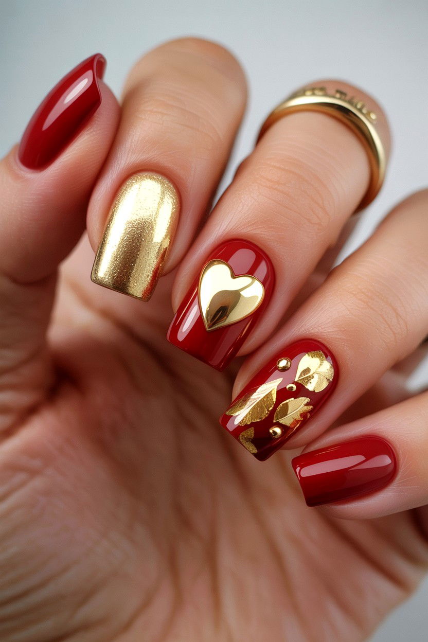 Gold Heart Nails