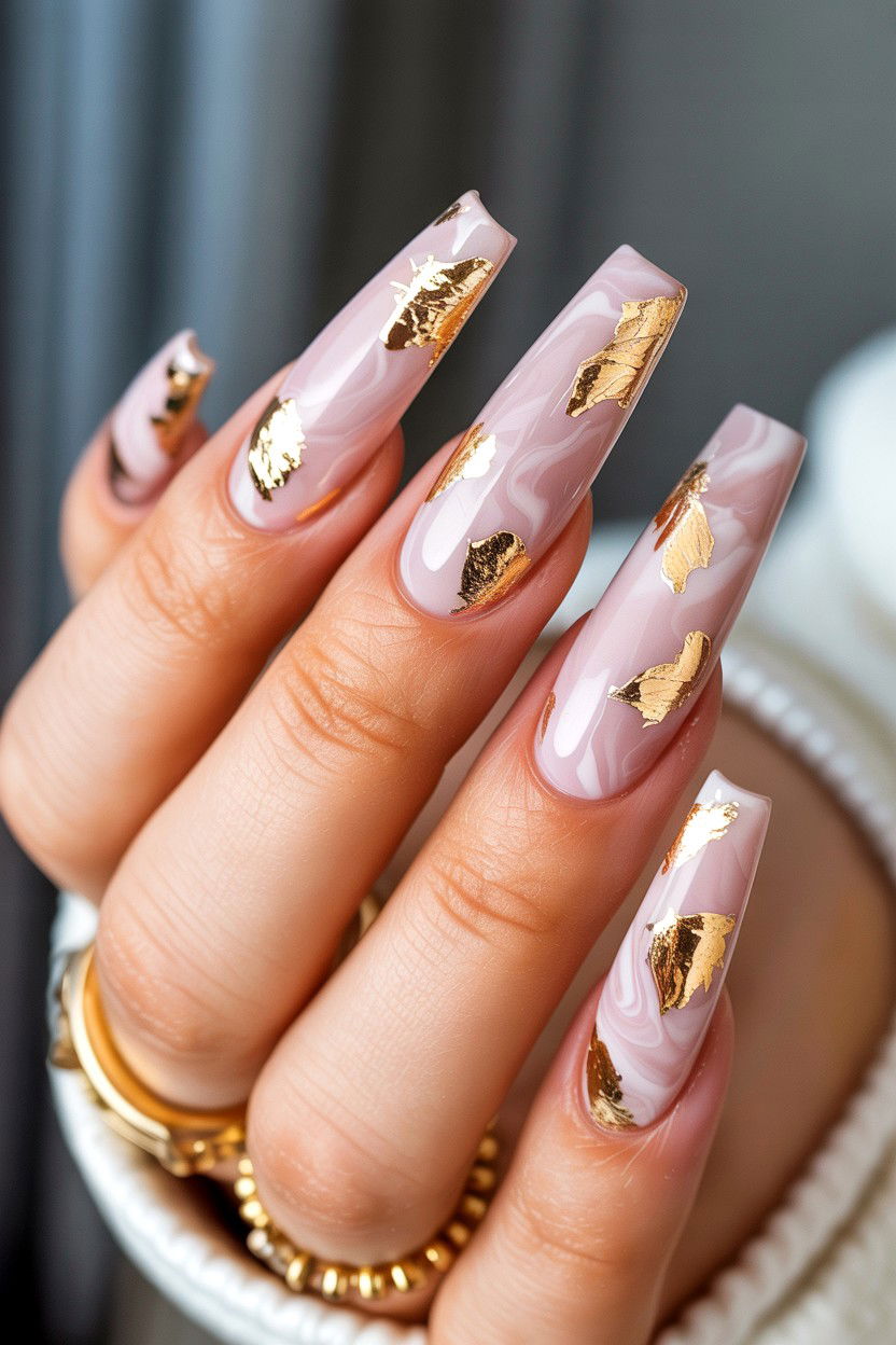 Gold Leaf Accent - 25 Long Valentine's Day Nail Designs