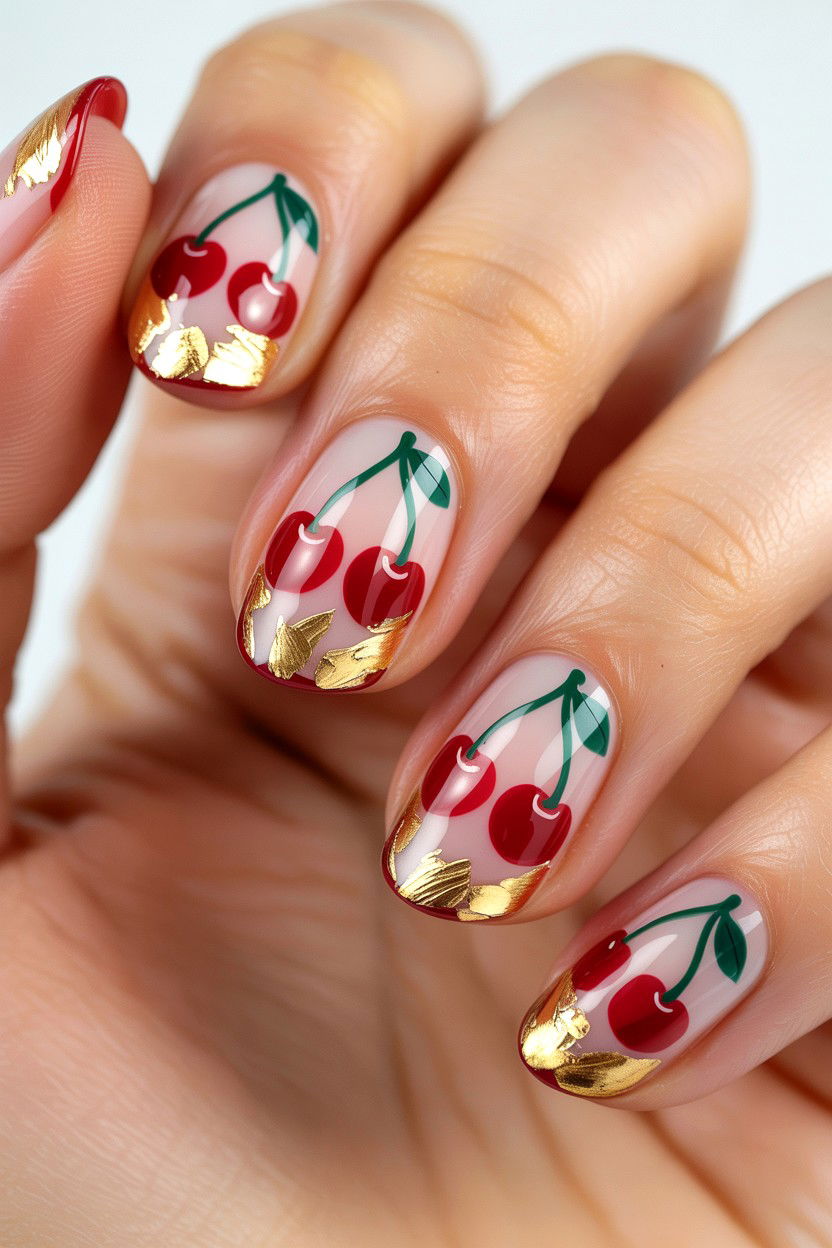 Gold Leaf Cherry Nails - 25 Cherry Valentine's Day Nail Ideas