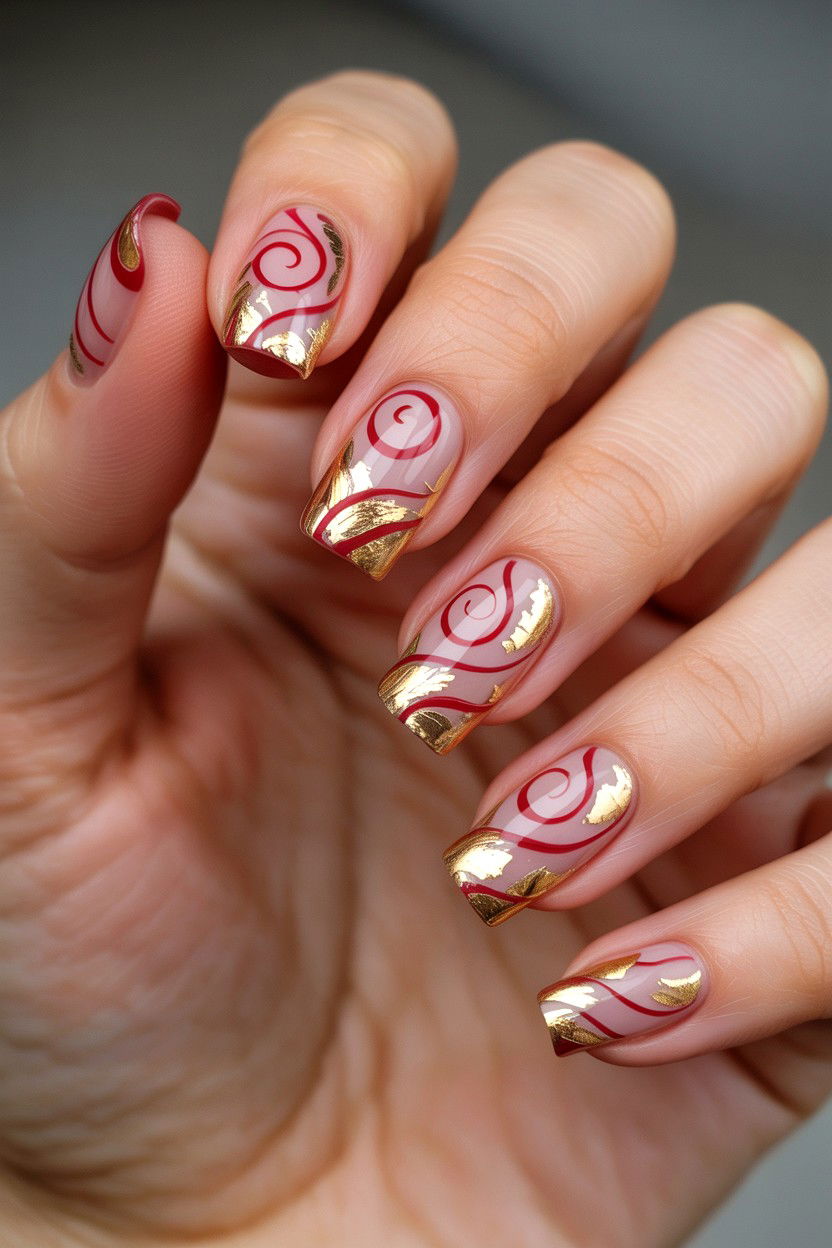Gold Leaf Swirl Nails - 25 Swirl Valentine's Day Nail Ideas