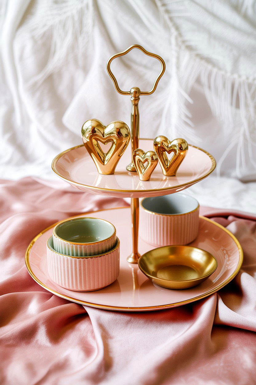 Gold and pink tiered tray - 25 Modern Valentine's Day Tiered Tray Ideas