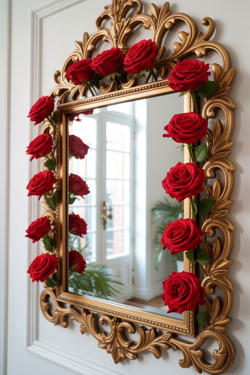 Gold ornate mirror with red flowers - 25 Valentine's Day Mirror Decor Ideas