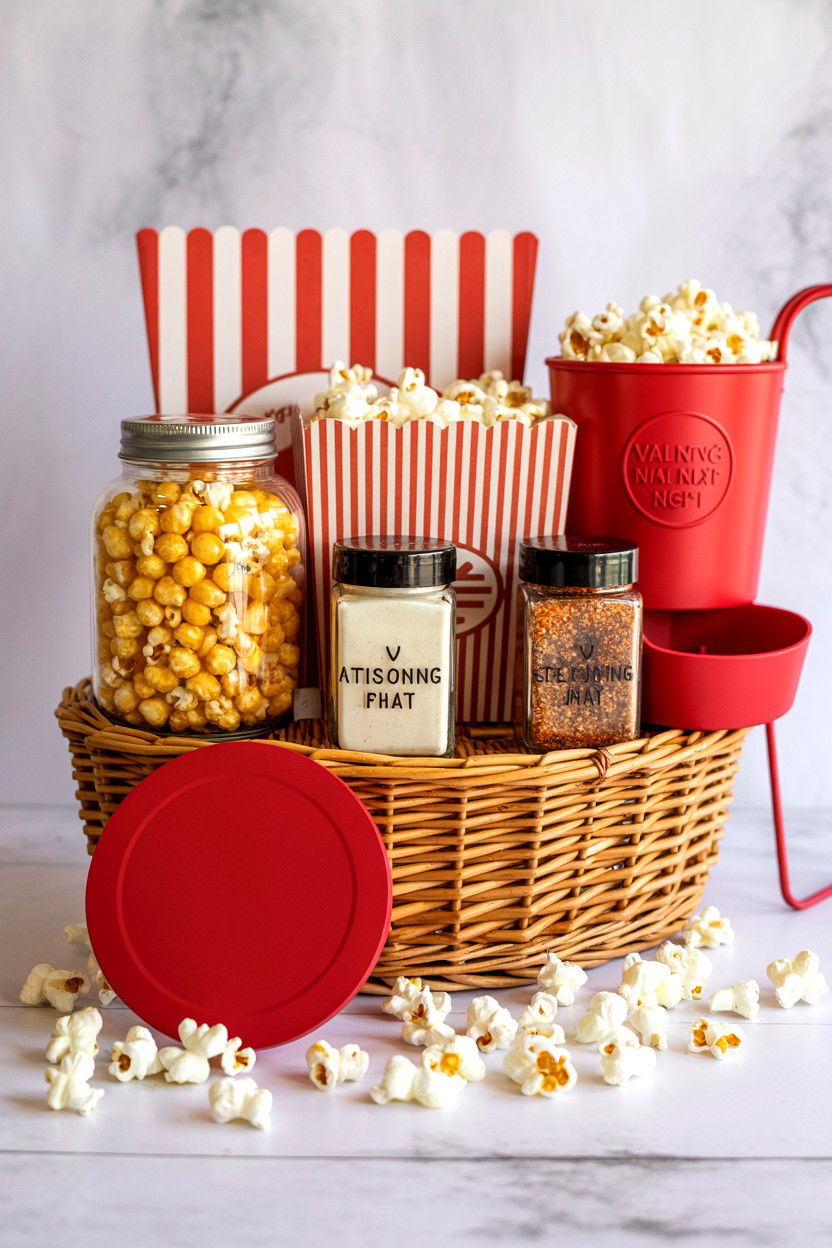 Gourmet popcorn snack basket - 25 Valentine's Day Movie Night Gift Basket Ideas