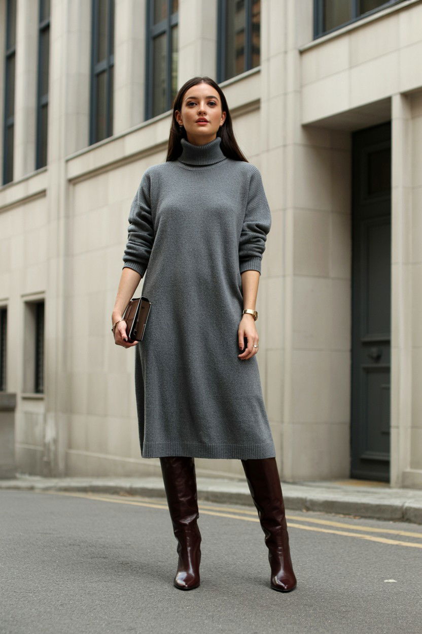 Gray cashmere dress with knee high boots - 25 Valentine's Day Quiet Luxury Outfits