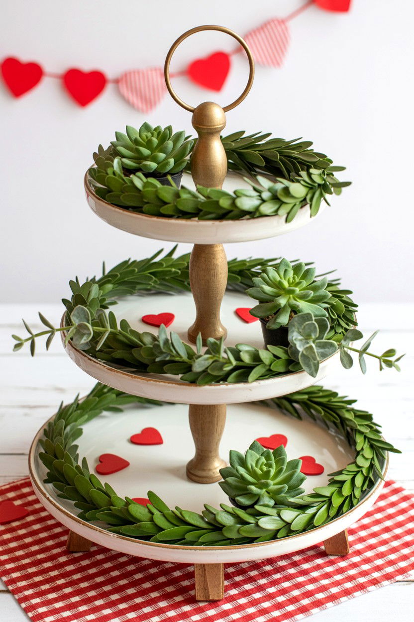 Greenery Valentine Tiered Tray - 25 Valentine's Day Tiered Tray Ideas