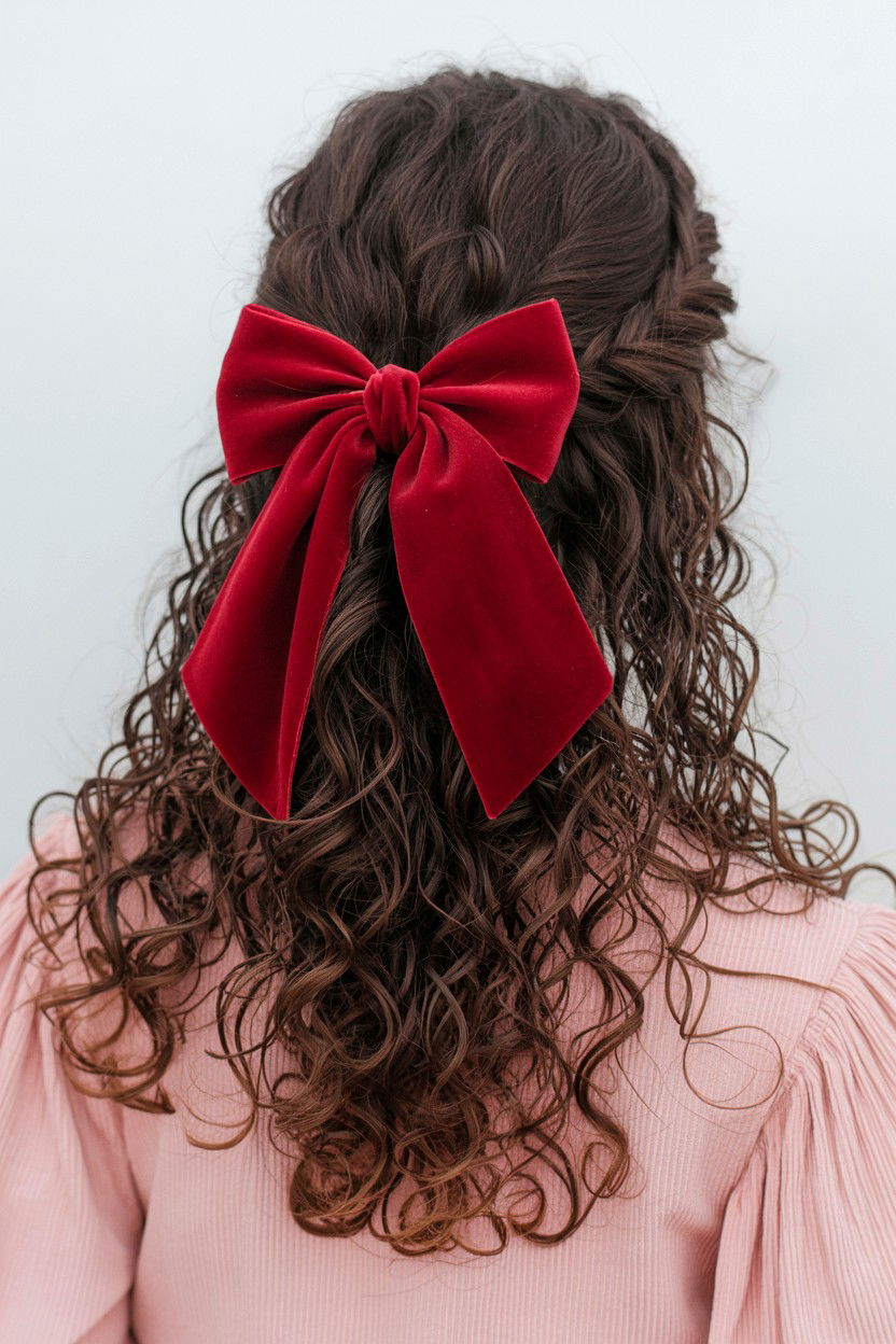 Half up half down curly hair with bow - 25 Valentine's Day Curly Hair Ideas