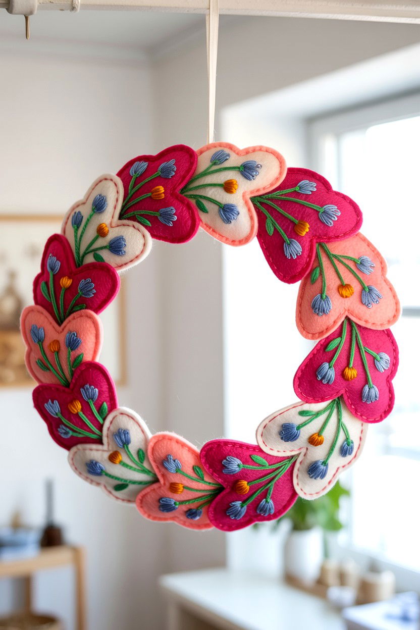 Hand Embroidered Felt Wreath - 25 Felt Valentine's Day Wreath Ideas
