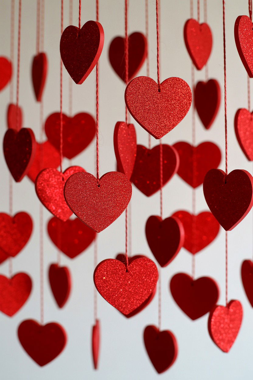 Hanging red hearts - 25 Valentine's Day Photo Backdrop Ideas