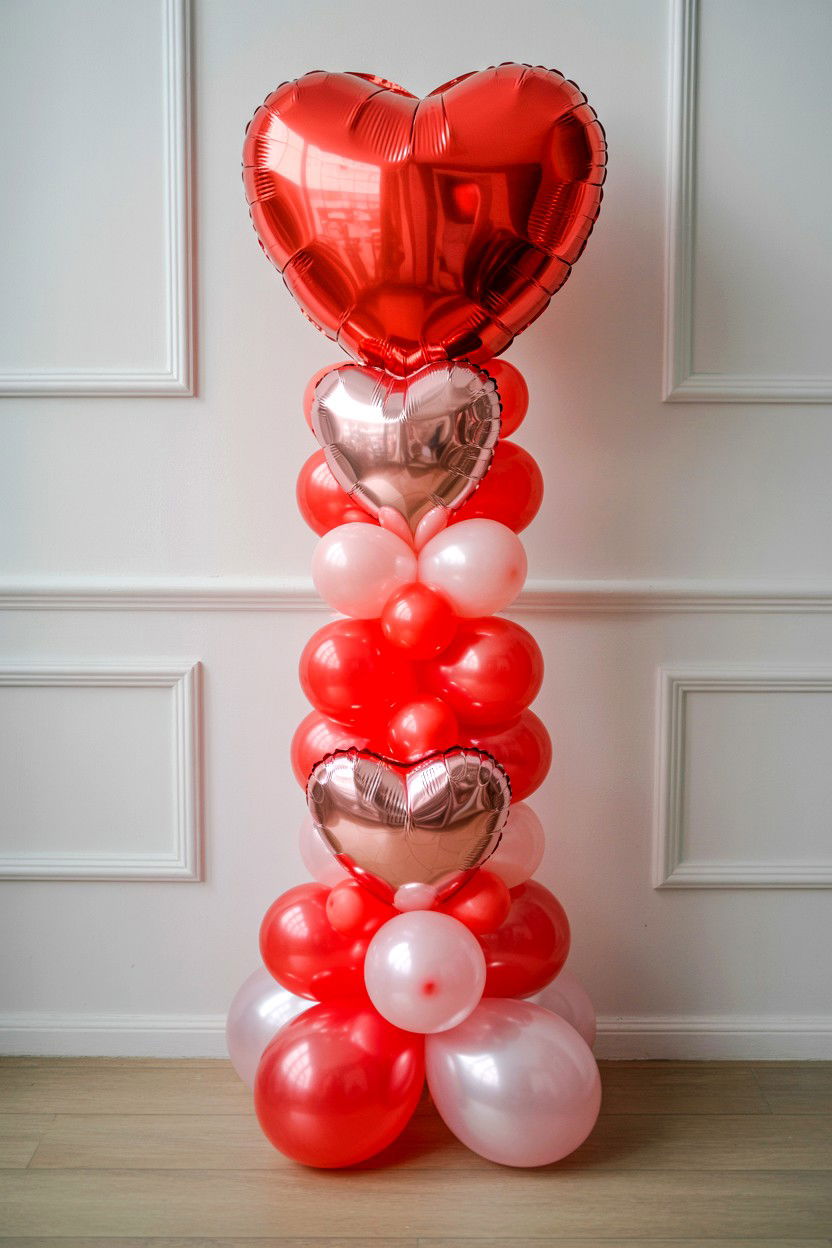 Heart Foil Balloon Tower - 25 Valentine's Day Balloon Column Ideas