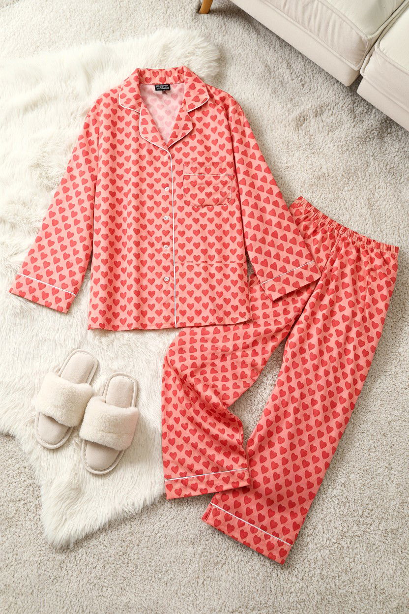 Heart Patterned Pajamas And Slippers - 25 Valentine's Day Flat Lay Photo Ideas