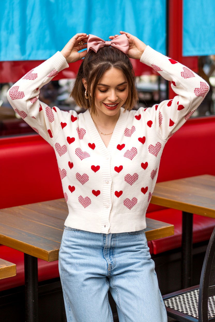 Heart Print Cardigan - 25 Cozy Valentine's Day Outfits