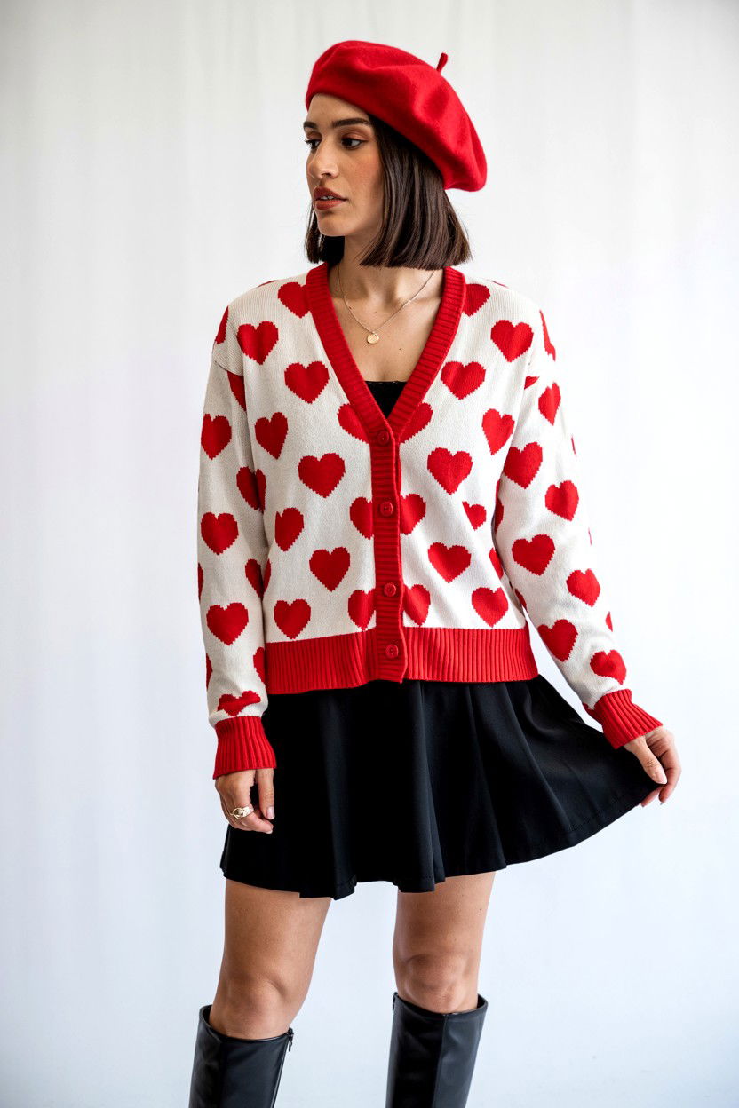 Heart Print Cardigan With Beret - 25 Valentine's Day Cardigan Outfits