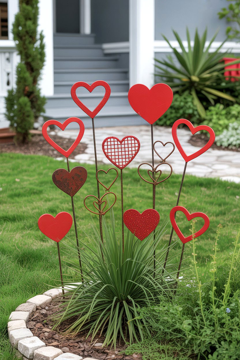Heart Shaped Garden Stakes - 25 Valentine's Day Front Yard Ideas