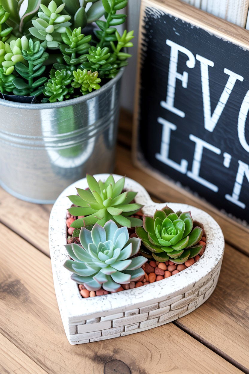 Heart Shaped Succulent Planter - 25 Rustic Valentine's Day Tiered Tray Ideas
