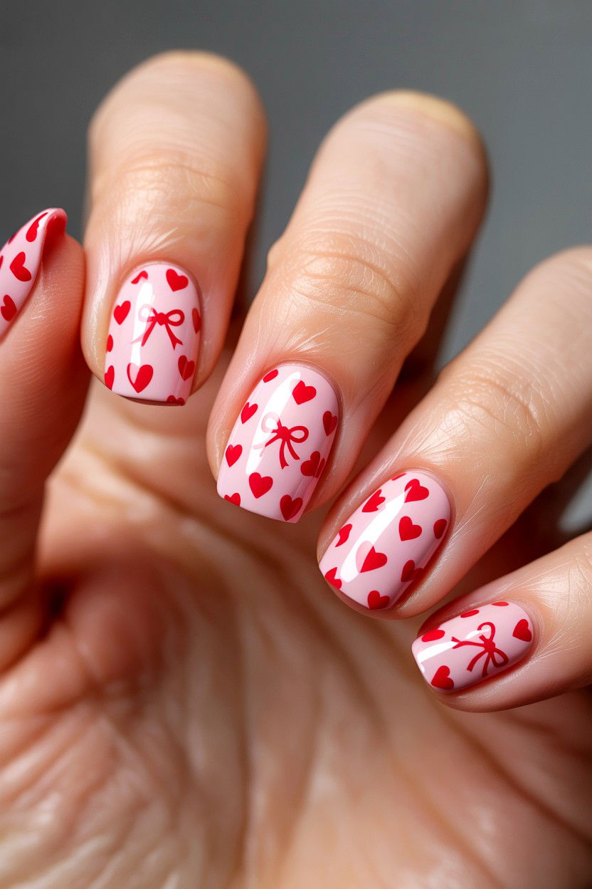 Heart and Bow Combo Nails - 25 Bow Valentine's Day Nail Ideas