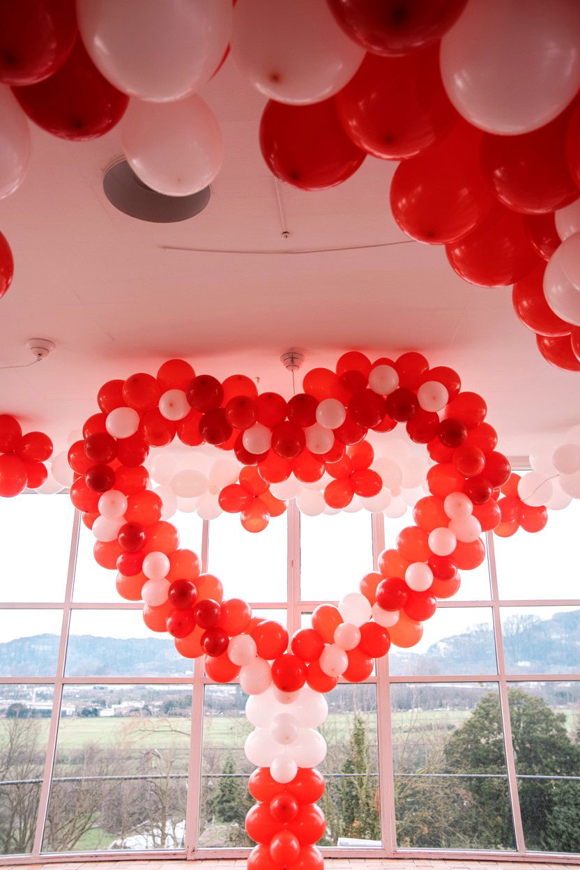 Heart balloon canopy - 25 Valentine's Day Balloon Ceiling Ideas