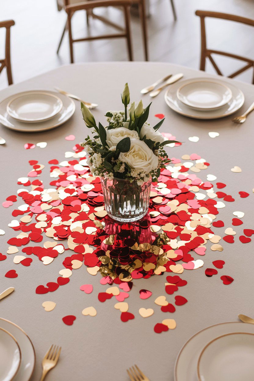 Heart confetti table decorations - 25 Valentine's Day Table Setting Ideas