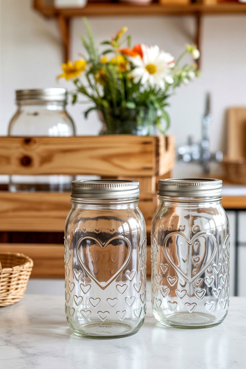Heart embossed glass jars - 25 Valentine's Day Glassware Ideas
