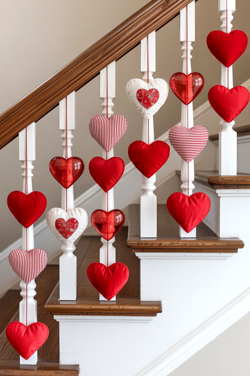 Heart ornaments for banister - 25 Valentine's Day Staircase Decor Ideas