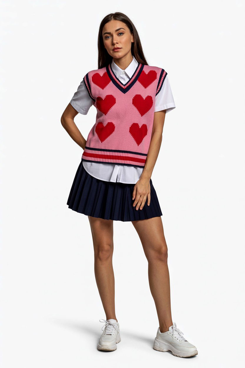 Heart pattern sweater vest and pleated skirt - 25 Valentine's Day Outfits for Teens