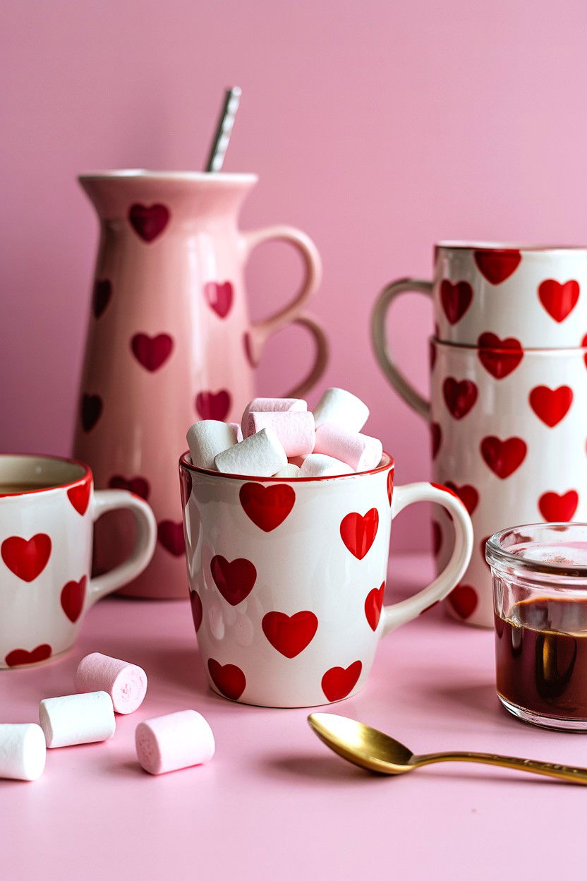 Heart patterned mugs - 25 Valentine's Day Shelf Decor Ideas