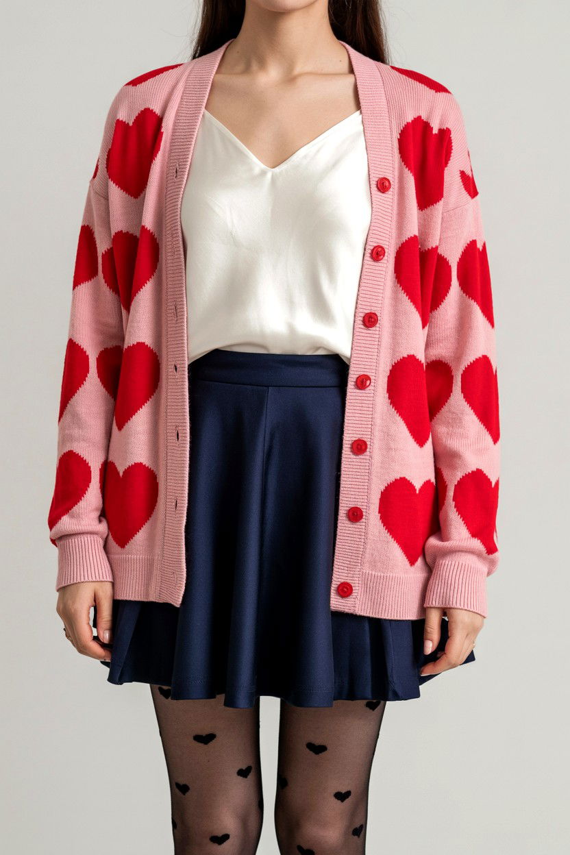 Heart print cardigan - 25 Valentine's Day Preppy Outfits