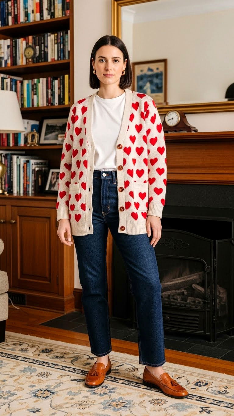 Heart print cardigan - 25 valentine's day outfit ideas for women