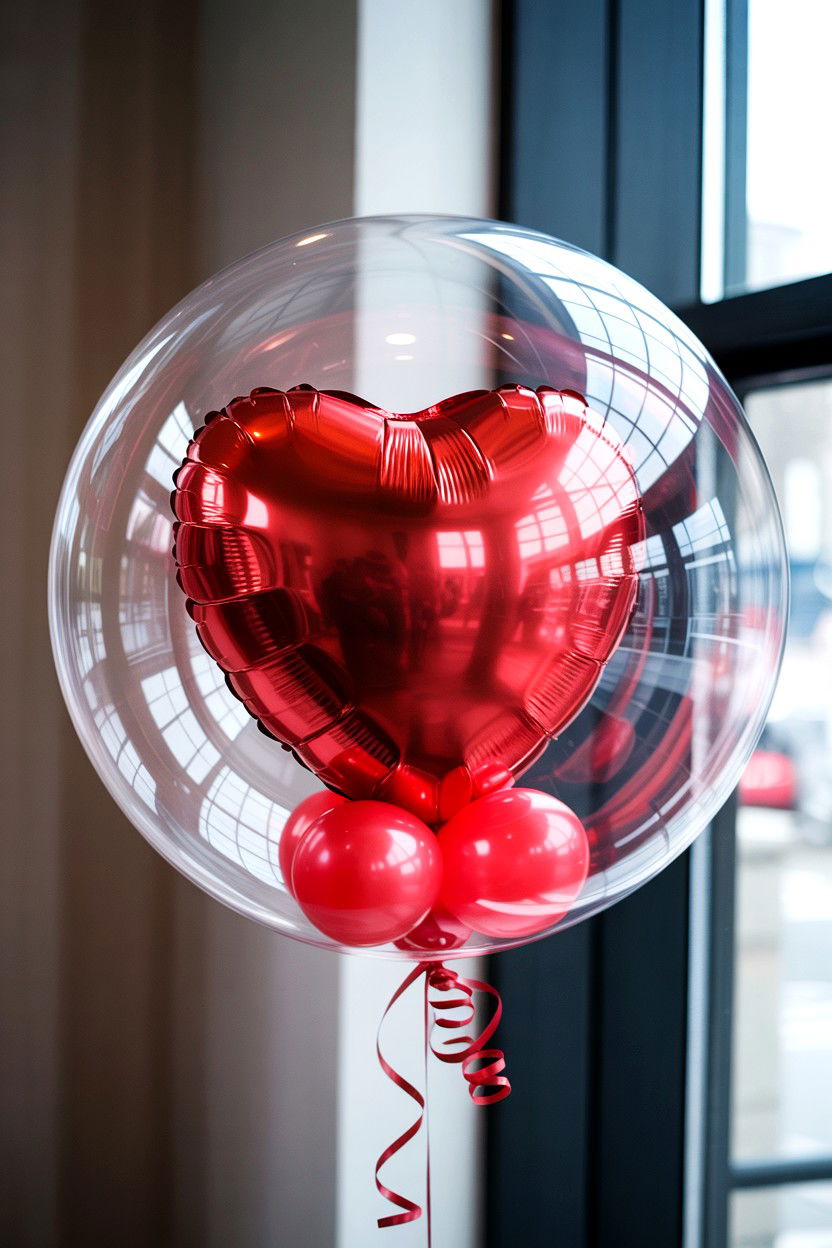 Heart shaped balloon inside clear balloon - 25 Valentine's Day Clear Balloon Ideas