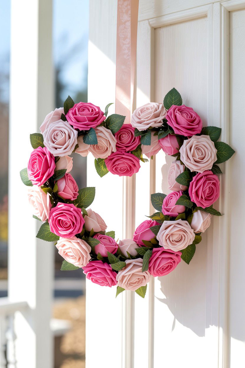 Heart shaped pink rose wreath - 25 Flower Valentine's Day Wreath Ideas