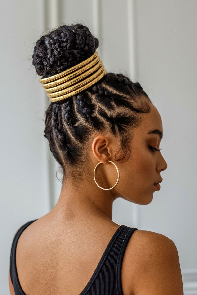 High Loc Bun With Gold Cuffs - 25 Valentine's Day Loc Hairstyle Ideas