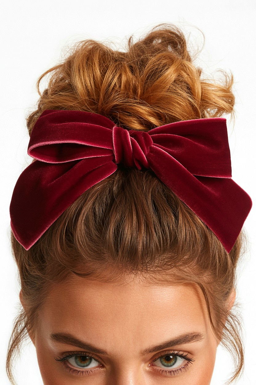 High Messy Bun With Velvet Bow - 25 Valentine's Day Messy Bun Ideas