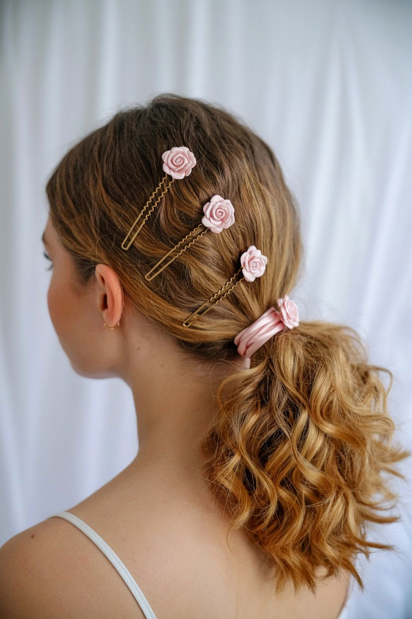High Ponytail Floral Hair Pins - 25 Valentine's Day High Ponytail Ideas