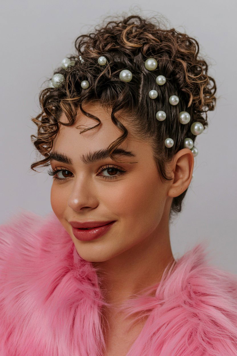 High Puff With Pearls - 25 Valentine's Day Textured Hair Ideas